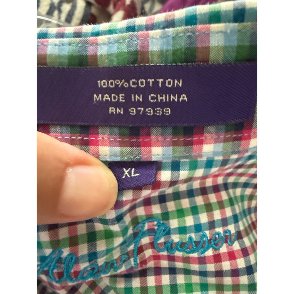 Alan Flusser Mens XL Gingham Check Button Down Shirt Multi Color Cotton L/S - Picture 3 of 5